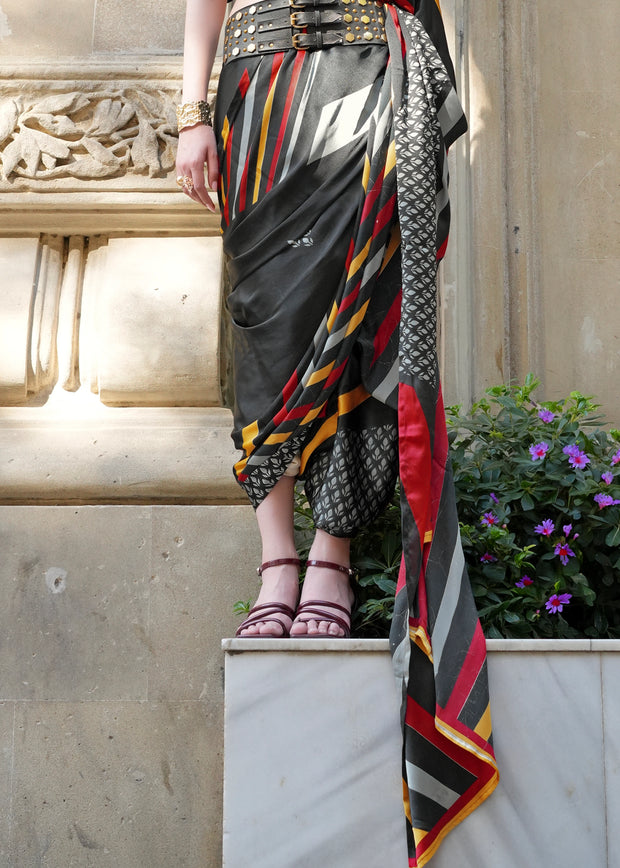 Jet Black Printed Satin Silk Saree