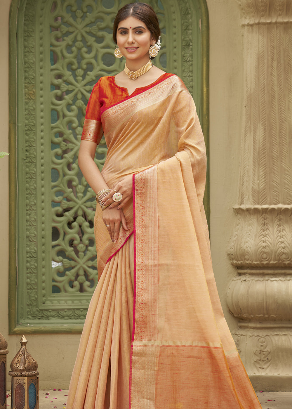 New Orleans Cream and Pink Woven Kanjivaram Silk Saree – MySilkLove