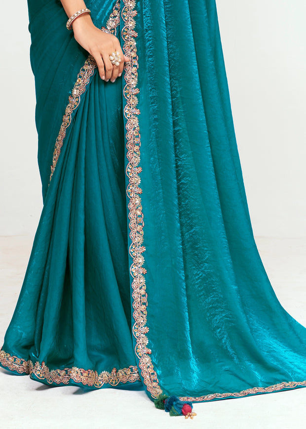 Teal Blue Designer Embroidered Tissue Saree