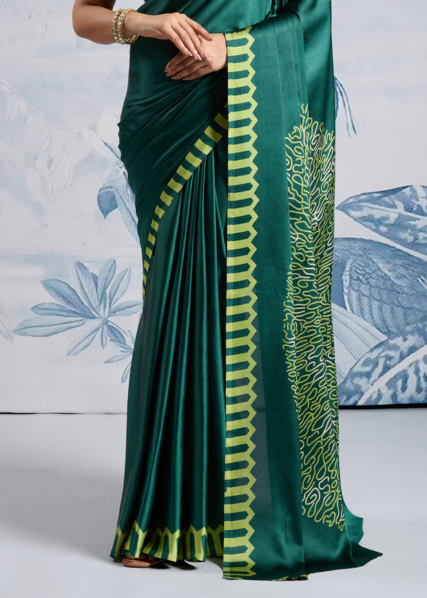Cadmium Green Satin Silk Saree with Ajrakh Printed Pallu and Blouse