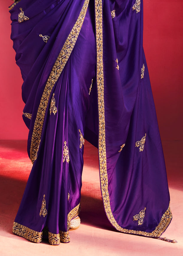 Royal Purple Embroidered Soft Silk Saree With Contrast Blouse