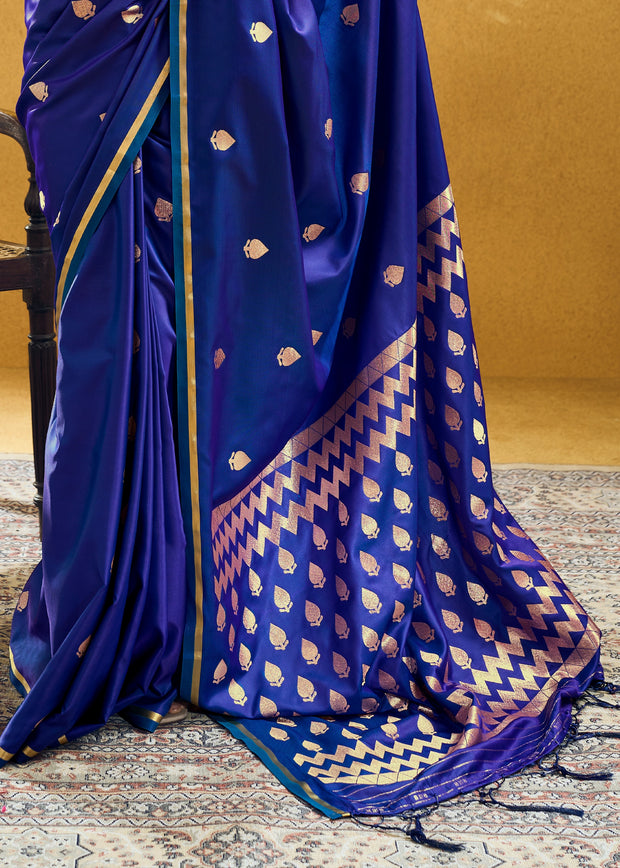 Indigo Blue Woven Banarasi Satin Silk Saree