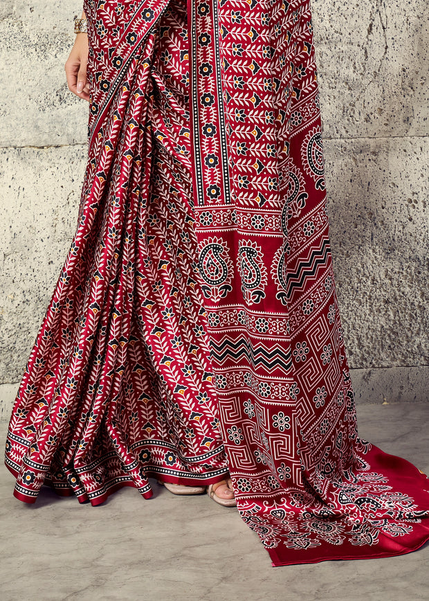 Red Printed Satin Silk Saree