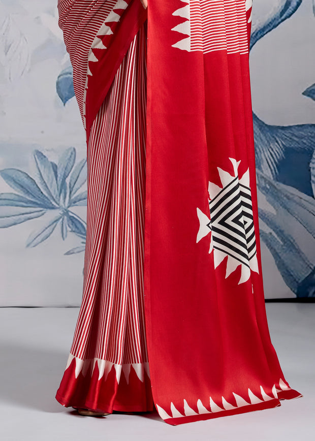 Cherry Red Printed Satin Silk Saree