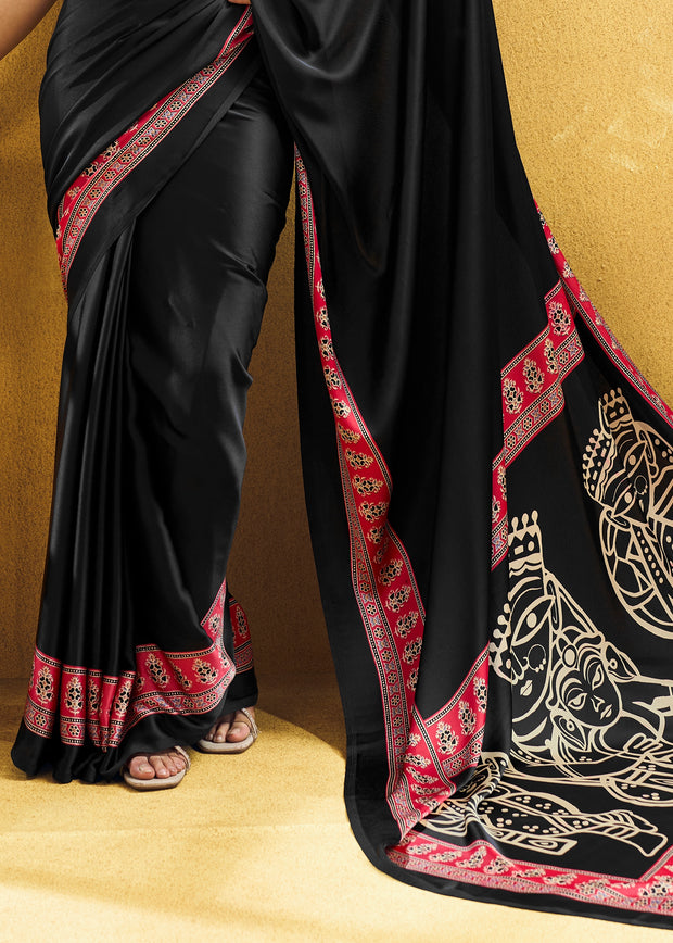 Black Satin Silk Saree with Ajrakh Printed Pallu and Blouse