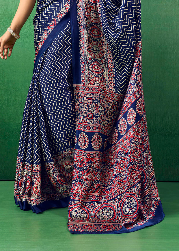 Denim Blue Printed Satin Silk Saree
