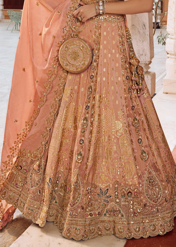 Peach Banarasi Silk Embroidered Lehenga