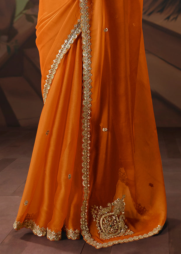 Peel Orange Embroidered Designer Saree