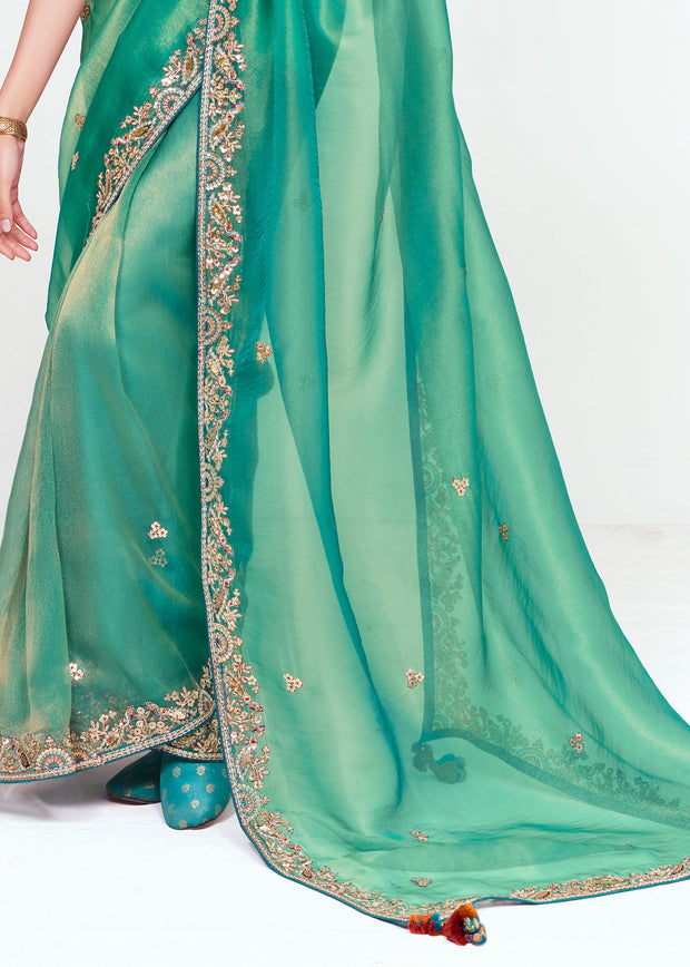 Sea Green Designer Embroidered Tissue Saree