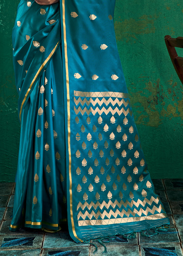 Teal Blue Woven Banarasi Satin Silk Saree