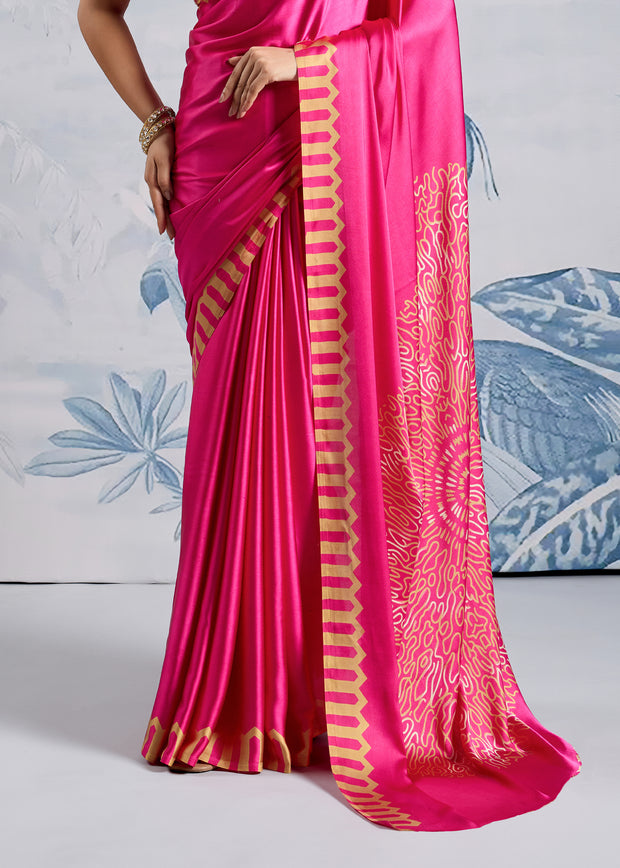 Magenta Pink Satin Silk Saree with Ajrakh Printed Pallu and Blouse