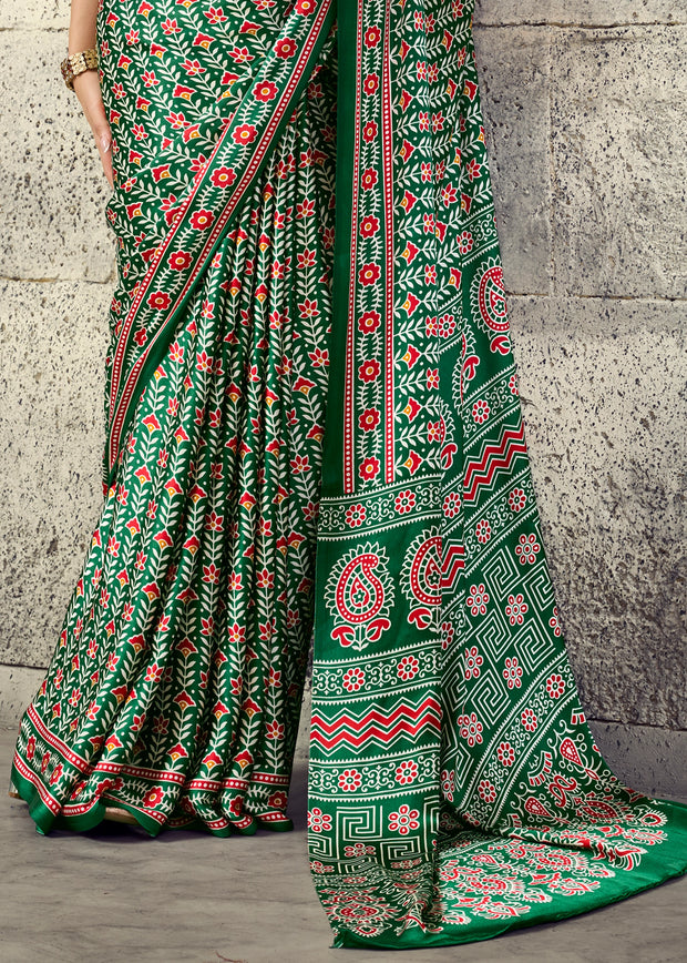 Jungle Green Printed Satin Silk Saree