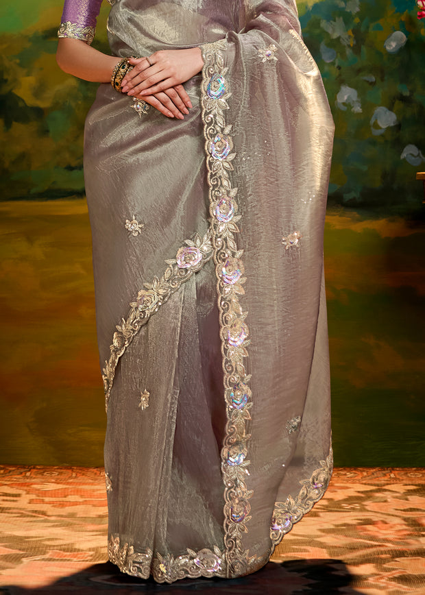 Slate Grey Heavy Embroidered Designer Silk Saree With contrast Blouse