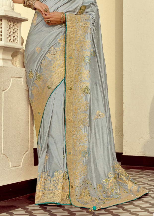 Sterling Grey Woven Banarasi Designer Silk Saree With Contrast Blouse