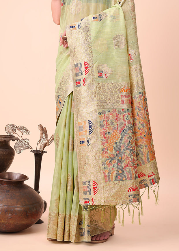Pista Green Woven Linen Cotton Silk Saree