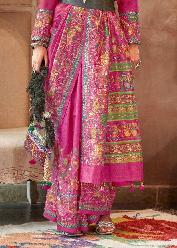 Carmine Pink Madhubani Printed Saree