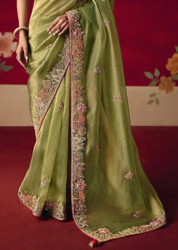 Pastel Green Designer Embroidered Saree