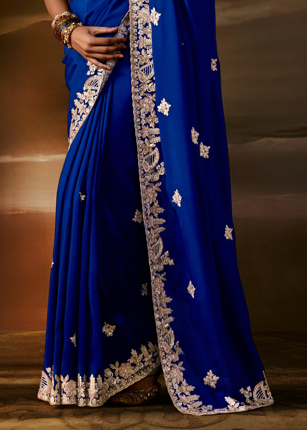 Sapphire Blue Embroidered Designer Organza Saree