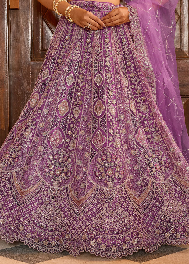 Lilac Purple Embroidered Net Lehenga