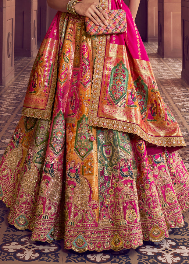 Pink Yellow Banarasi Silk Embroidered Lehenga