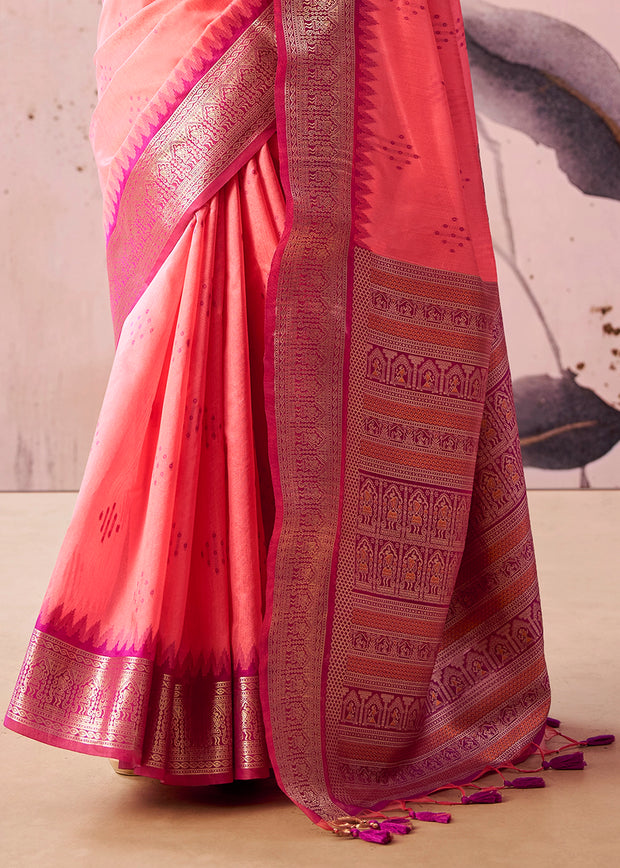 Peach Pink Woven Tissue Silk Saree