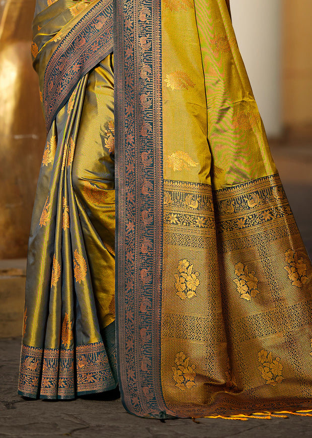 Pesto Green Dual Tone Woven Banarasi Silk Saree