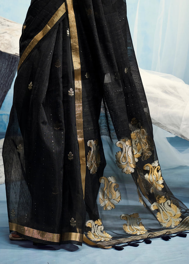 Pirate Black Woven Cotton Silk Saree