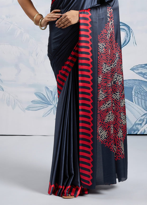 Jet Black Satin Silk Saree with Ajrakh Printed Pallu and Blouse