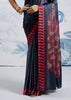 Jet Black Satin Silk Saree with Ajrakh Printed Pallu and Blouse