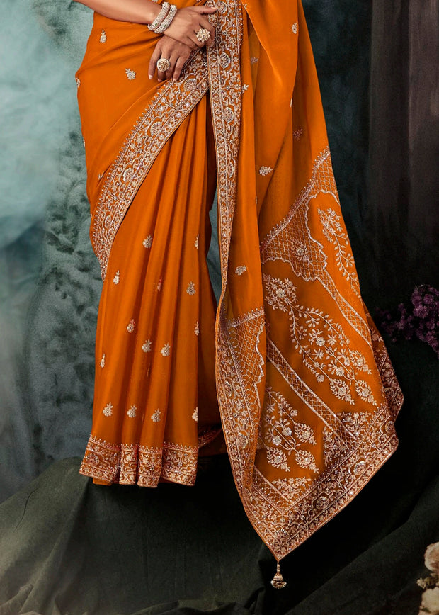 Poppy Orange Embroidered Designer Saree
