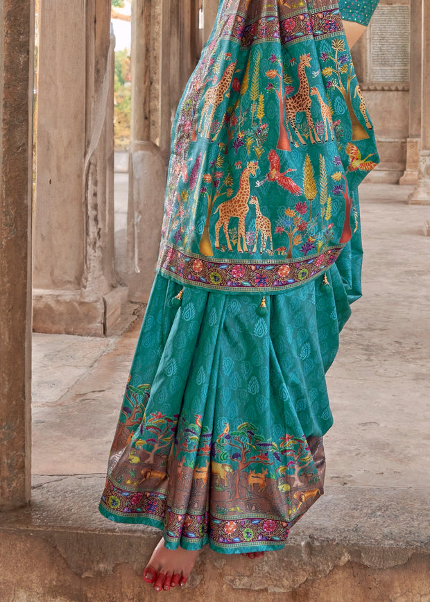 Rama Blue Printed Silk Saree