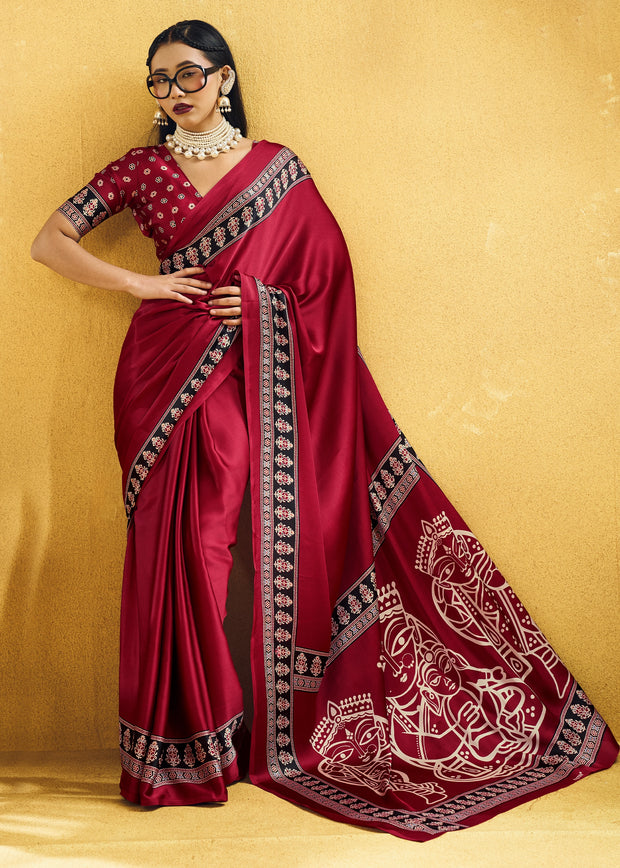Red Satin Silk Saree with Ajrakh Printed Pallu and Blouse