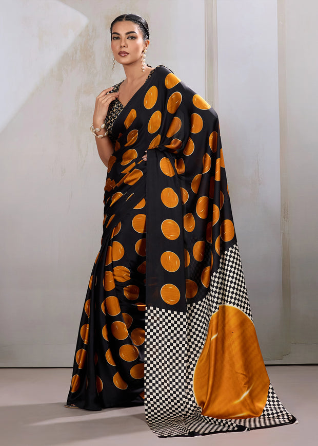Orange Printed Satin Silk Saree