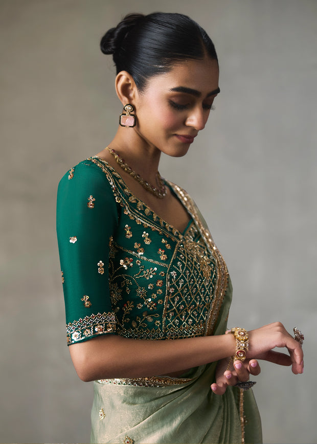 Sage Green Embroidered Silk Saree With Heavy Blouse