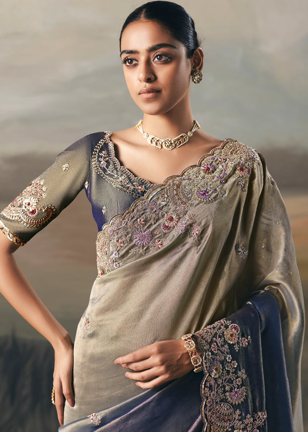 Golden Blue Tissue Embroidered Wedding Wear Saree