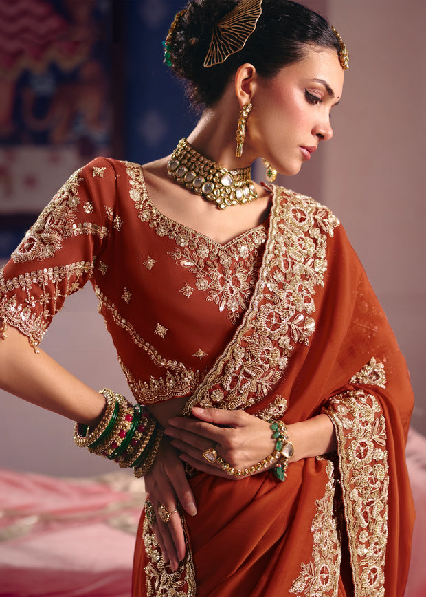 Rust Orange Embroidered Tissue Designer Saree