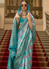 Teal Blue Printed Satin Silk Saree