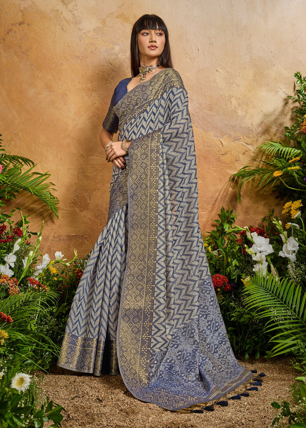 Blue Printed Patola Silk Saree