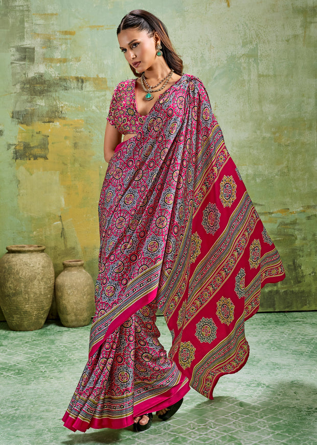 Fuchsia Pink Printed Satin Silk Saree