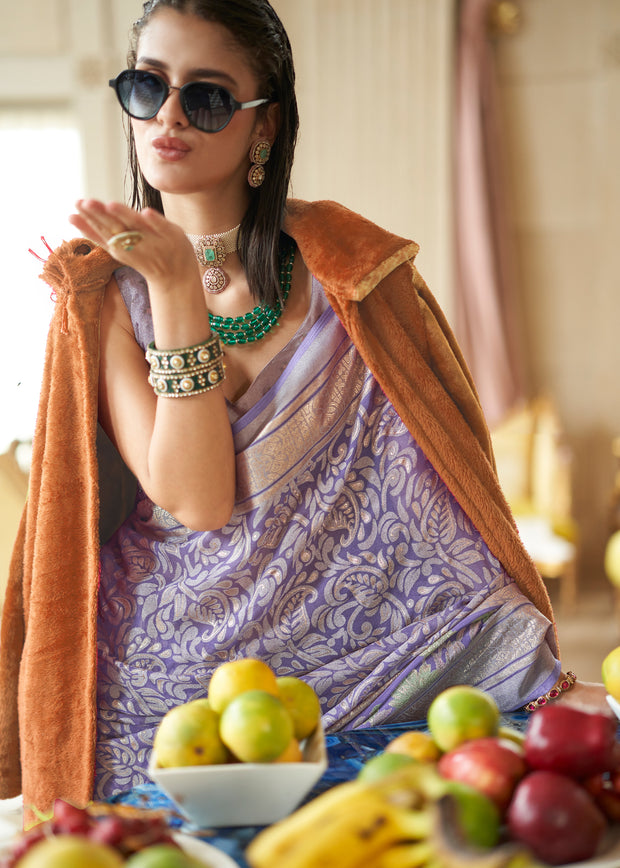 Wisteria Purple Printed Georgette Silk Saree