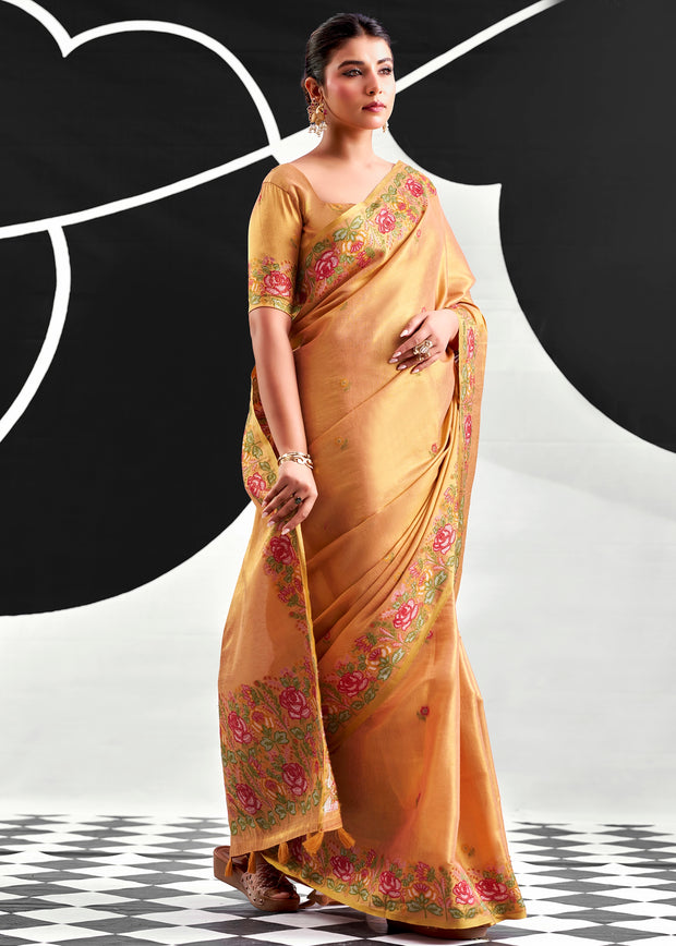 Saffron Orange Woven Tissue Silk Saree