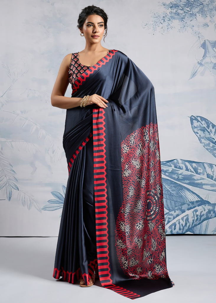 Jet Black Satin Silk Saree with Ajrakh Printed Pallu and Blouse