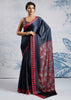 Jet Black Satin Silk Saree with Ajrakh Printed Pallu and Blouse