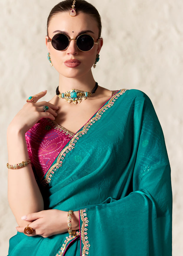 Teal Blue Designer Organza Tissue Silk Saree With Printed Blouse