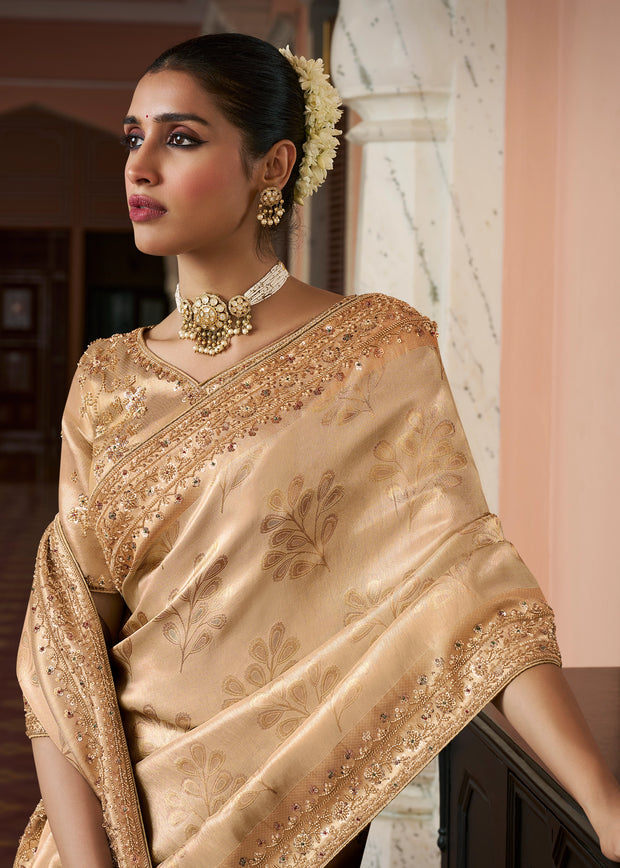 Golden Beige Bead Work Kanjivaram Soft Silk Saree