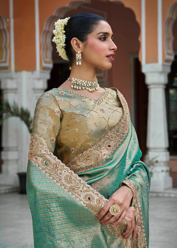 Rama Green Bead Work Kanjivaram Soft Silk Saree
