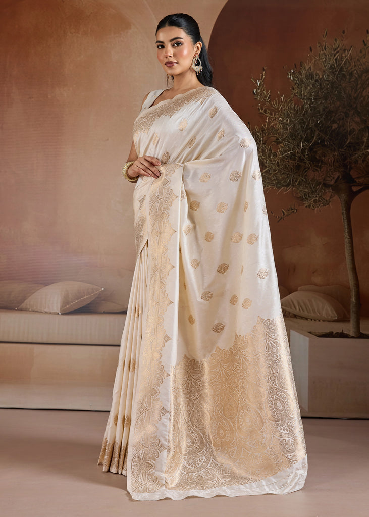 Bright White Woven Banarasi Silk Saree
