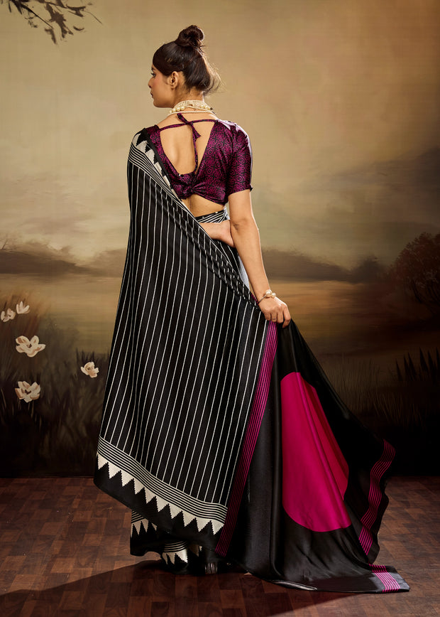 Black Printed Satin Silk Saree
