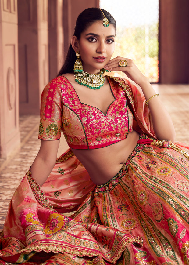 Bridal Pink Banarasi Silk Embroidered Lehenga