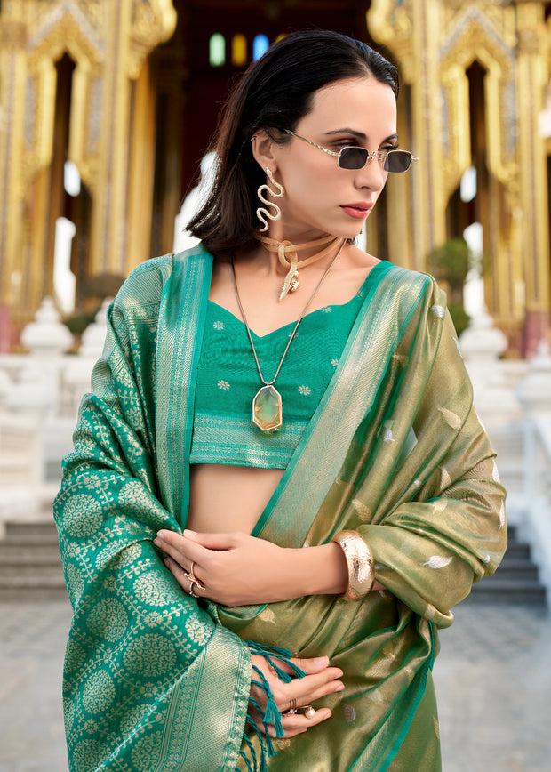 Golden Green Woven Tissue Silk Saree